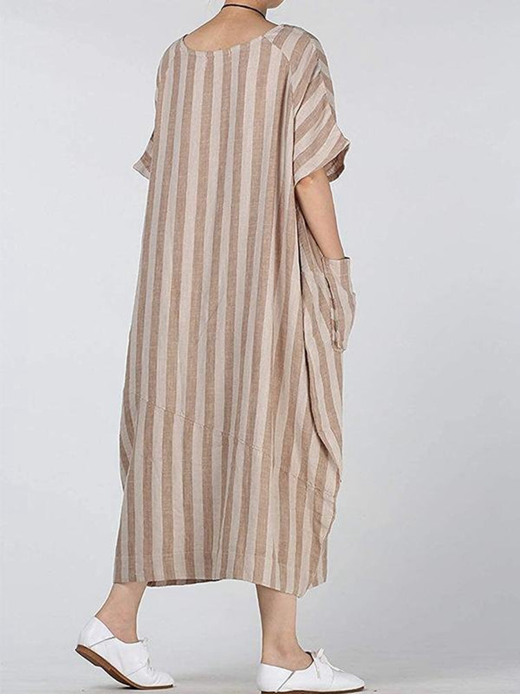 Patch Pocket Striped Loose Fit Linen Dress