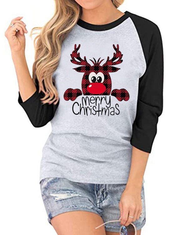 Merry  Christmas deer head print simple crew neck T-shirt