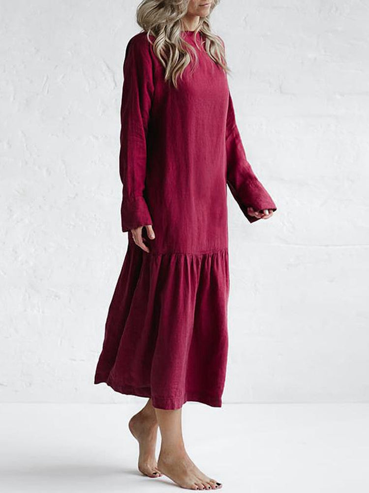 Casual Round Neck Long Sleeve Solid Color Cotton And Linen Dress