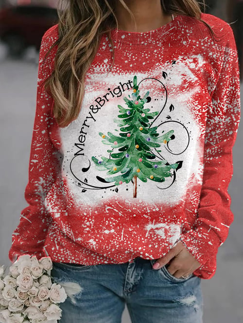 Women's Merry And Bright Christmas Tree Bleach Print Casual Sweatshirt