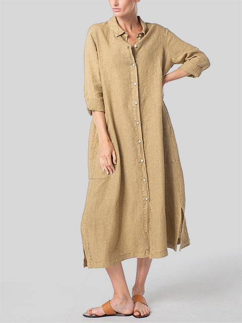 Cotton and Linen Hem Side Slit Shirt Dress - boddysize
