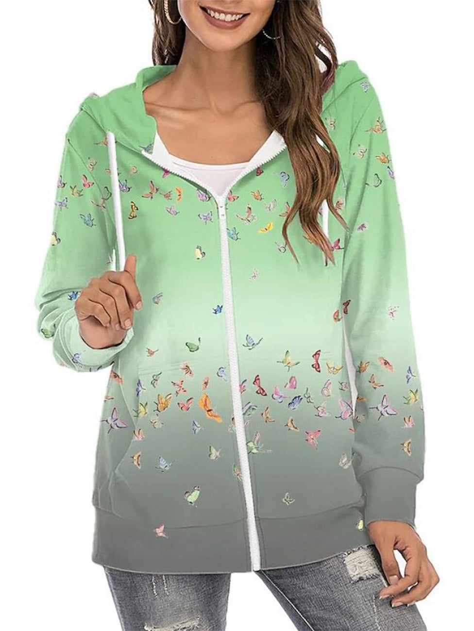Women's Floral Butterfly Graphic Prints Daily  Long Sleeve Zip Hoodie