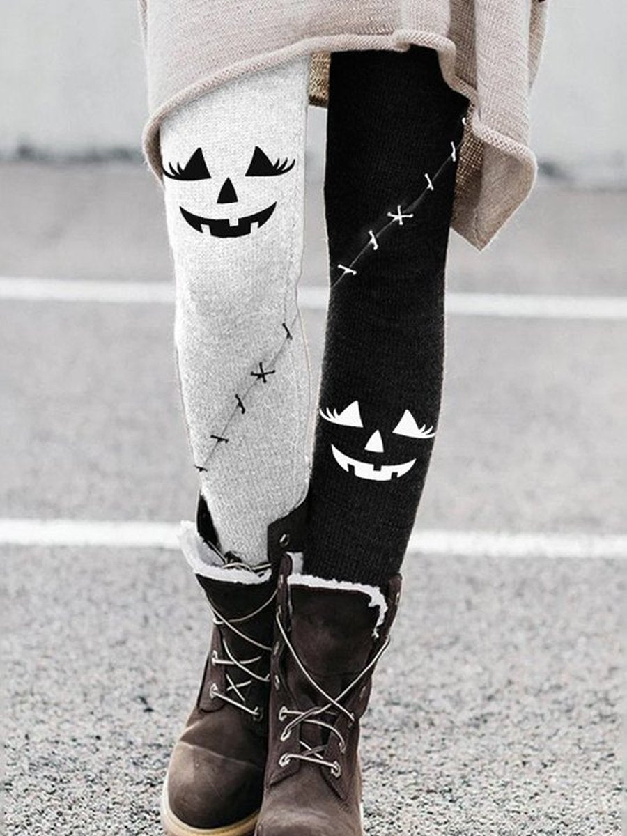 Women's Halloween Funny Pumpkin Emoticon Print Contrast Leggings