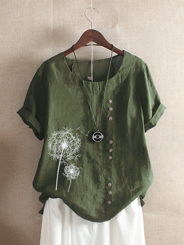 Women's Vintage Cotton Linen Print Short Sleeve Loose Casual Shirt