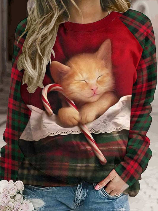 Women's Christmas Cute Sleeping Cat Print Holiday Crew Neck Sweatshirt