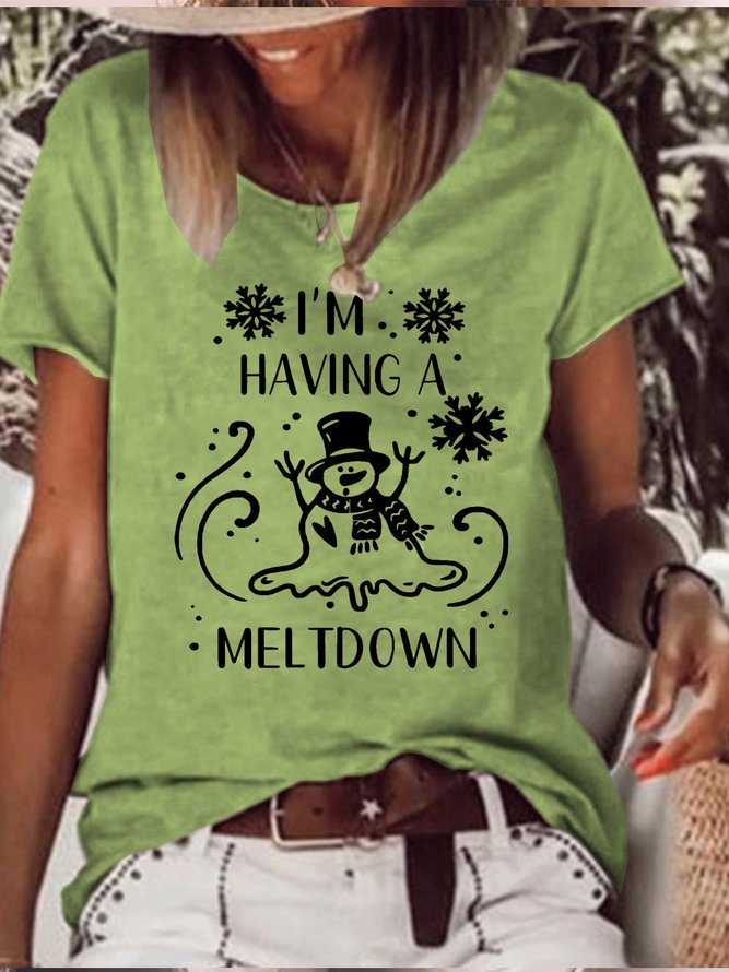 Women's Christmas Snowman Funny I'M Having A Meltdomn Loose Text Letters Casual T-Shirt