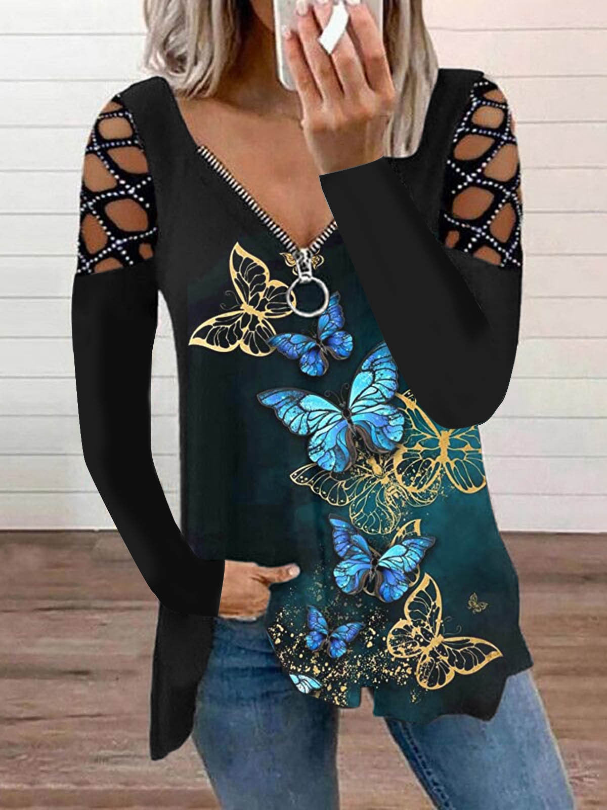 Women's  Butterfly  Long Sleeve Cut Out Flowing tunic Quarter Zip V Neck Casual Top
