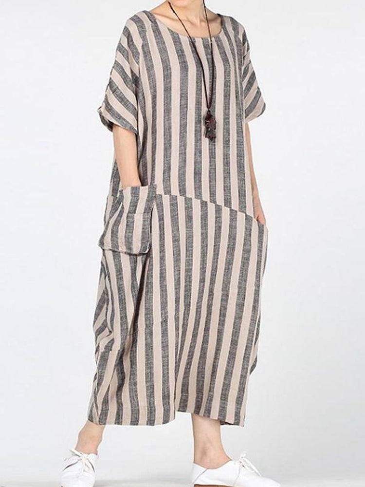 Patch Pocket Striped Loose Fit Linen Dress