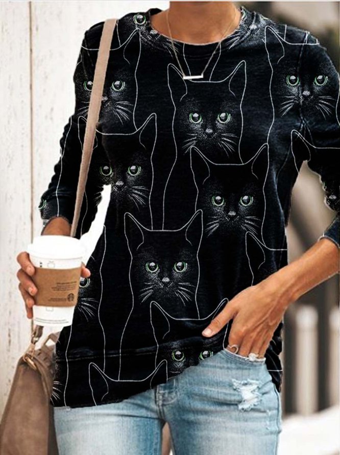 Casual Crew Neck Fitted Cat Print Sweatshirt