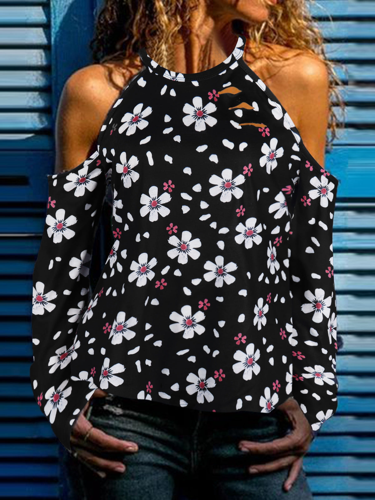 Fall New Floral Print Sling Long Sleeve Top