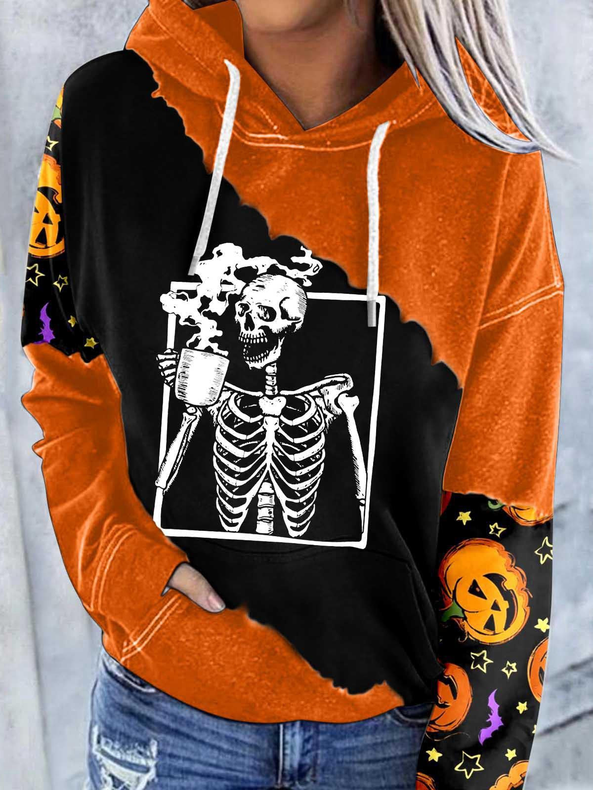 Halloween Skull Colorblock Long Sleeve Hoodie