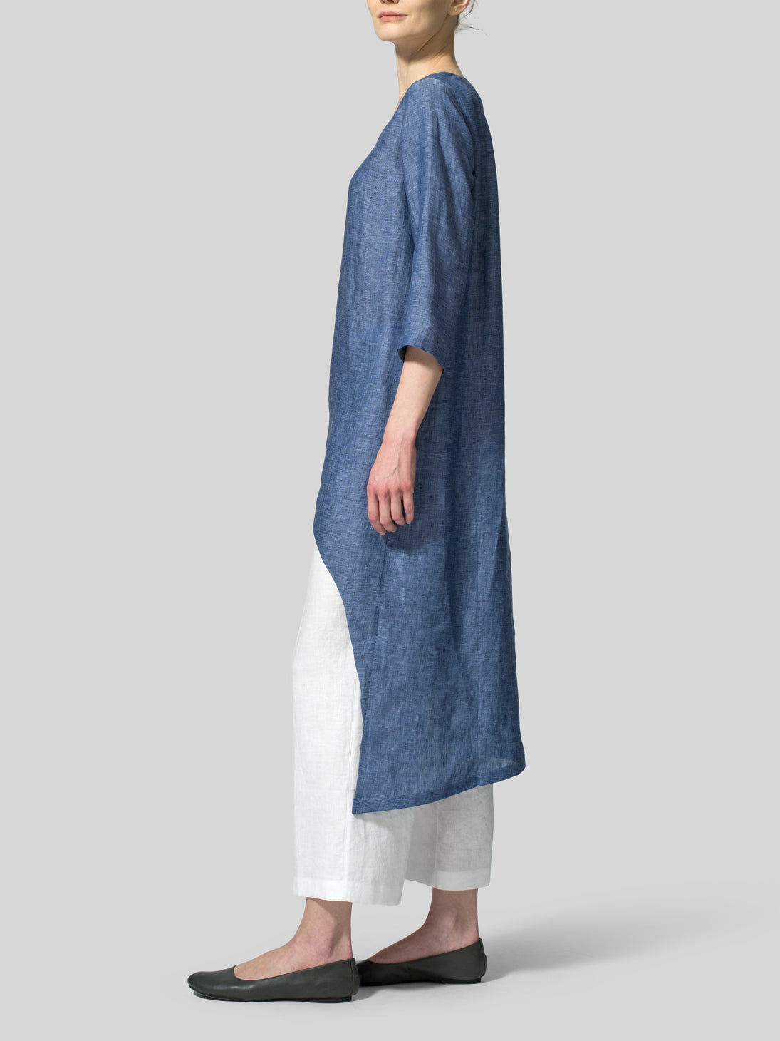 Womens Fashion Sky Blue Cotton Linen Asymmetric Long Shirt