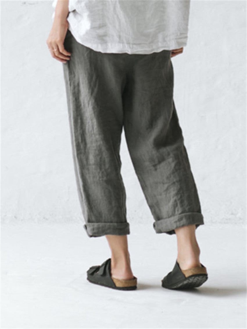 Womens Cotton Linen Pocket Button Casual Plus Size Pants