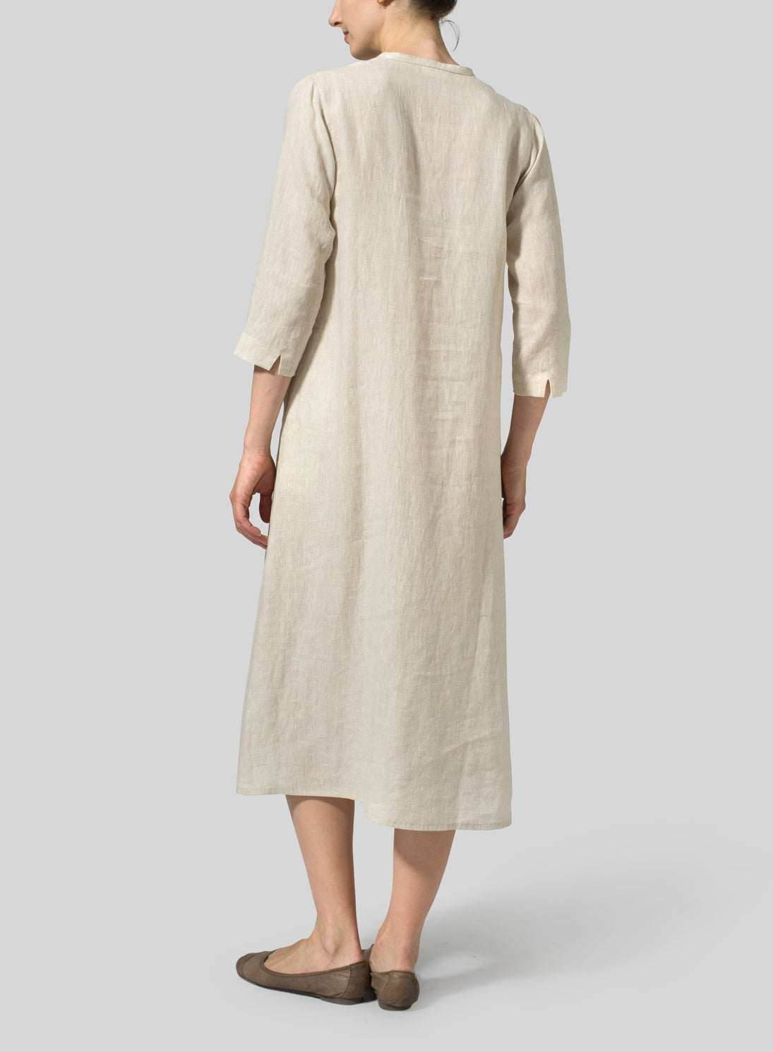 Womens Cotton And Linen V-Neck Plain Neck Dress Tunic