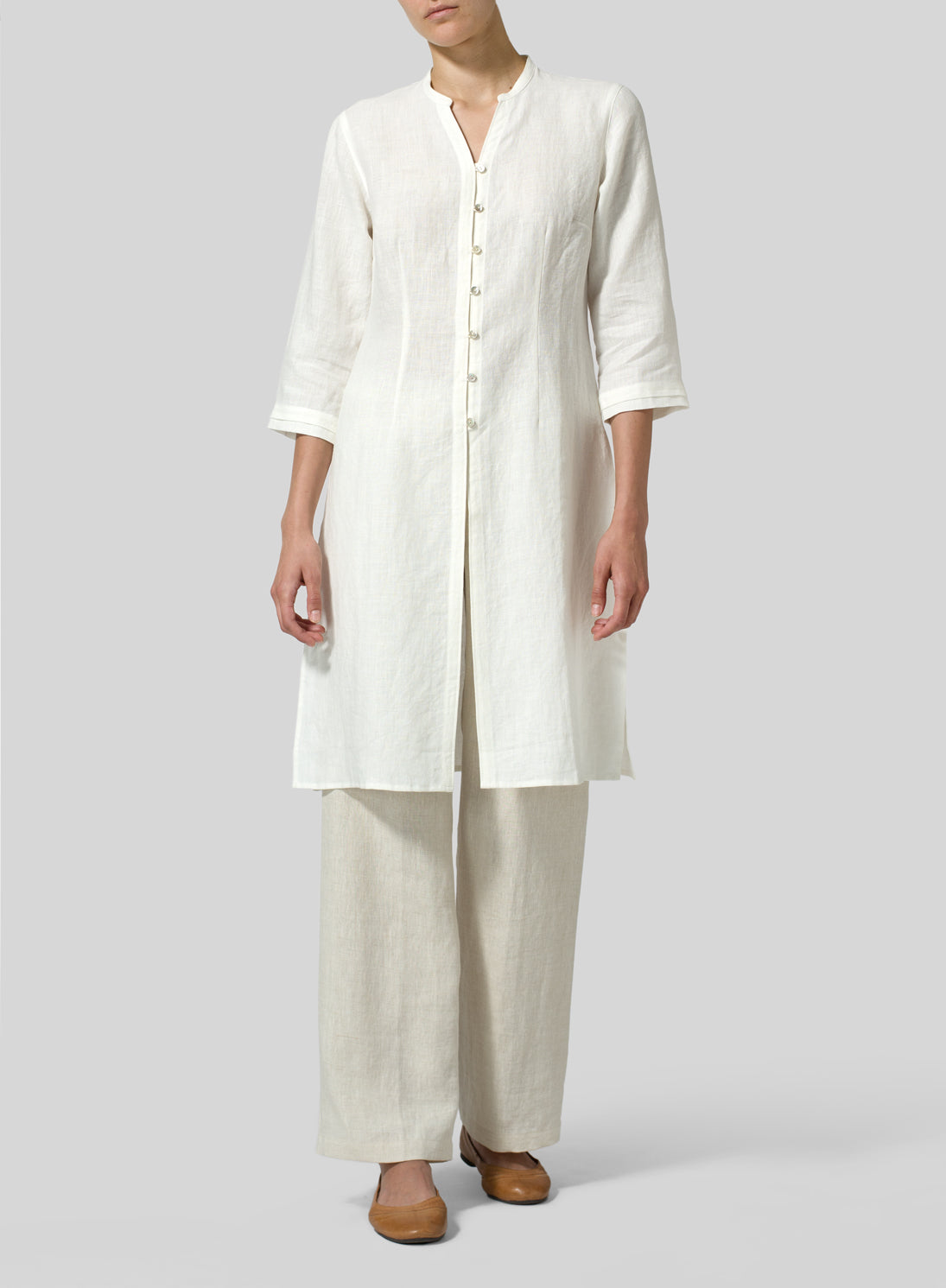 Cotton Linen V-Neck Stand Collar Long Shirt - boddysize