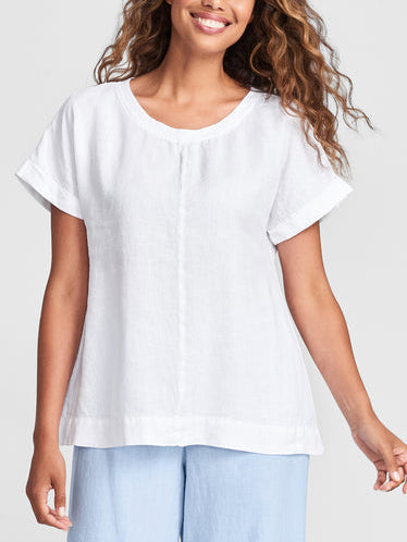 Cotton And Linen Short Sleeve Gathered A-Line Top - boddysize