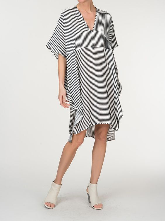 Flared Sleeve V-Neck Striped Panel Fashion Dress - boddysize