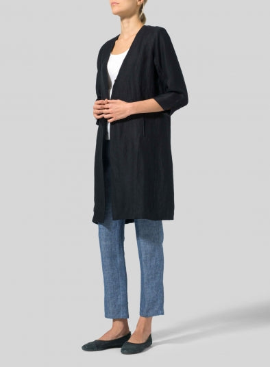 Womens Cotton Linen Straight V-Neck Long Jacket