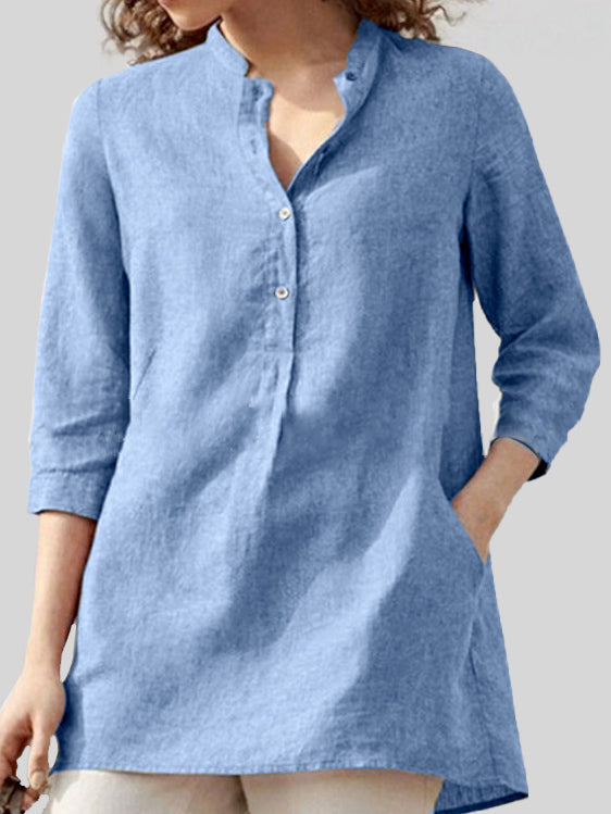 Solid Color Three-quarter Sleeve Stand Collar Cotton Linen Casual Shirt