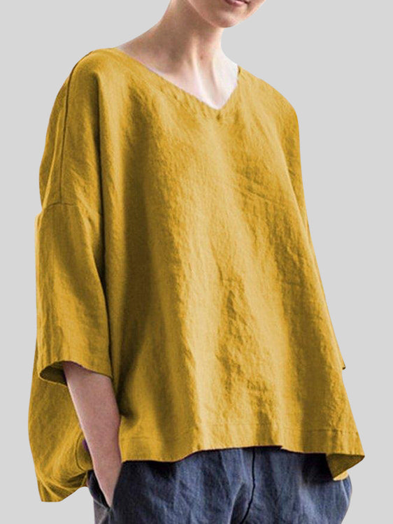 Cotton And Linen Mid-Sleeve V-Neck Comfort Top - boddysize