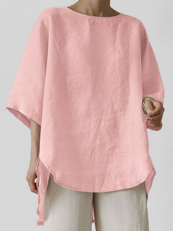 Cotton And Linen Solid Color Retro Round Neck Fashion Loose Top - boddysize