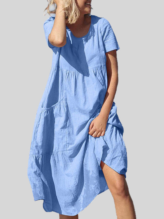 Solid Color Short Sleeve Loose Crinkled Cotton Linen Pocket Dress
