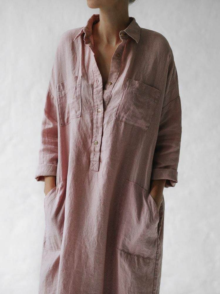 Cotton Linen A-Line Shirt Long Dress-DESIGN - boddysize