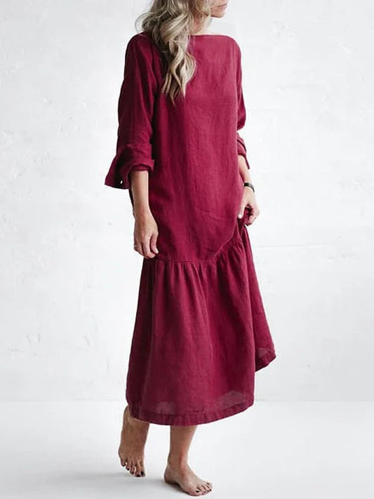 Casual Round Neck Long Sleeve Solid Color Cotton Linen Dress - boddysize