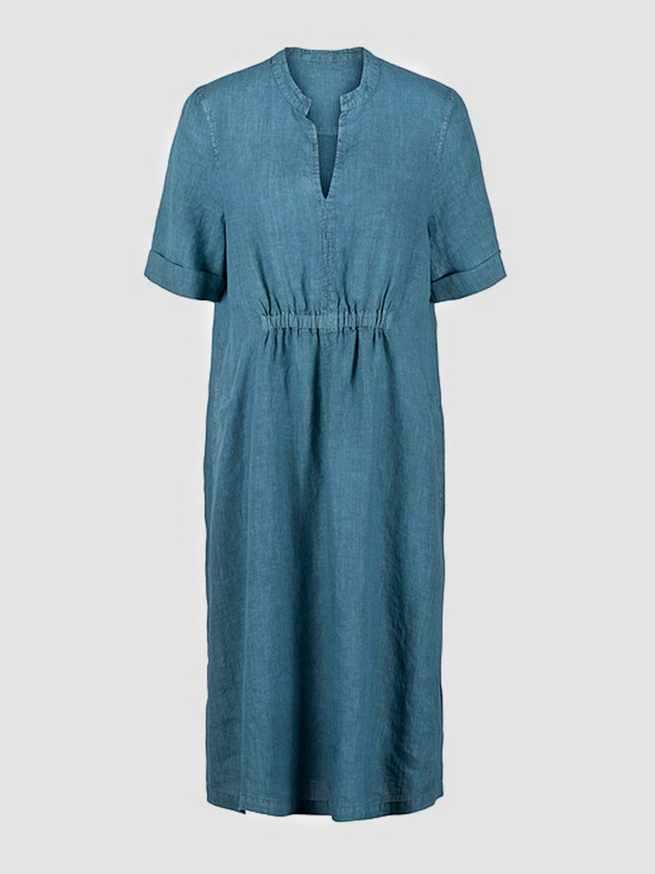 Cotton-Linen V-neck Elastic Waistband Dress - boddysize