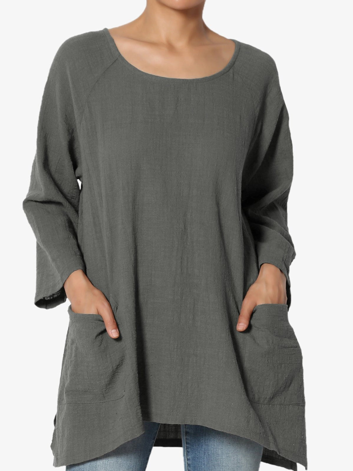 Round Neck Loose Double Pocket Mid Sleeve Cotton Linen Top