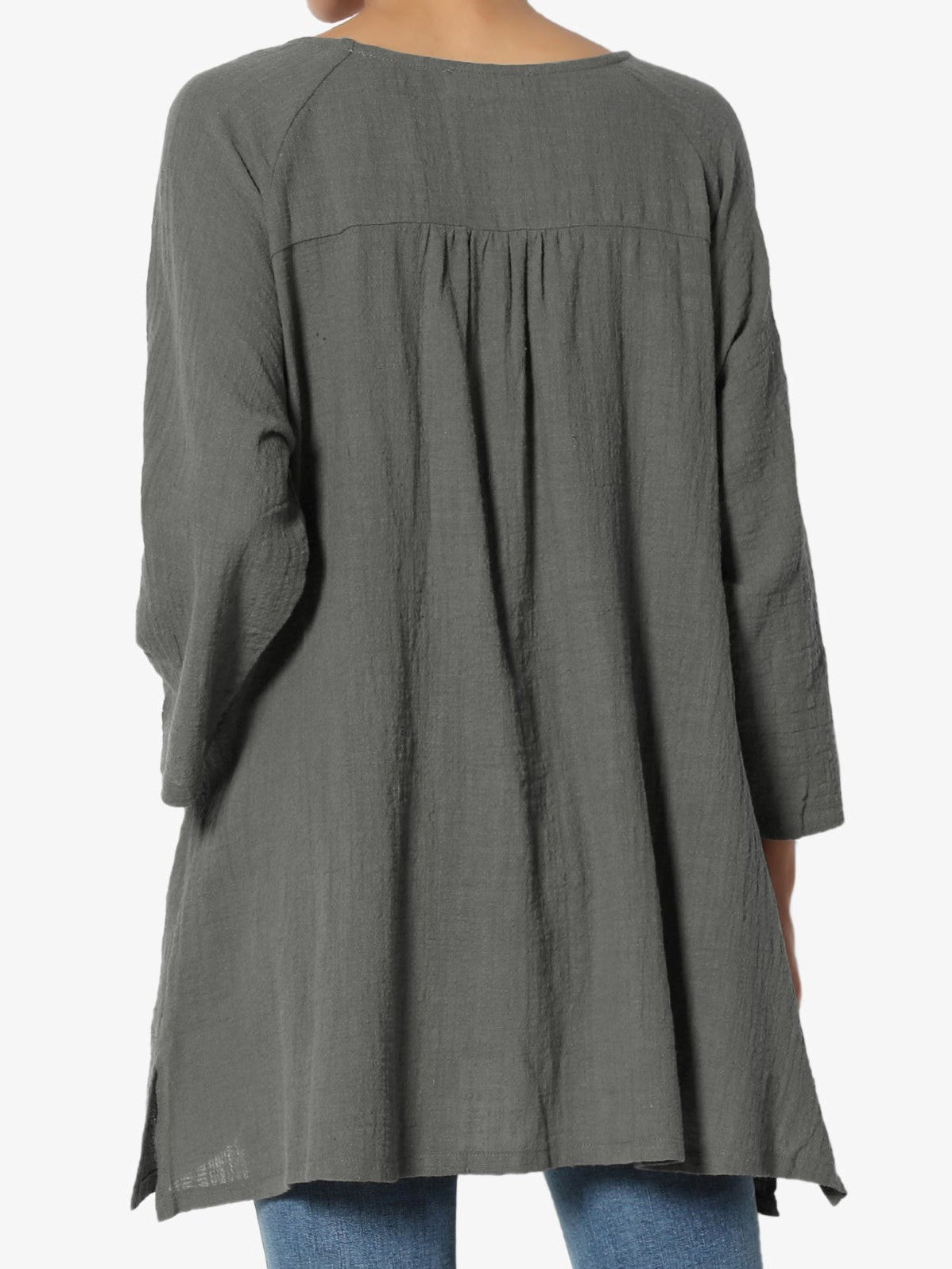 Round Neck Loose Double Pocket Mid Sleeve Cotton Linen Top