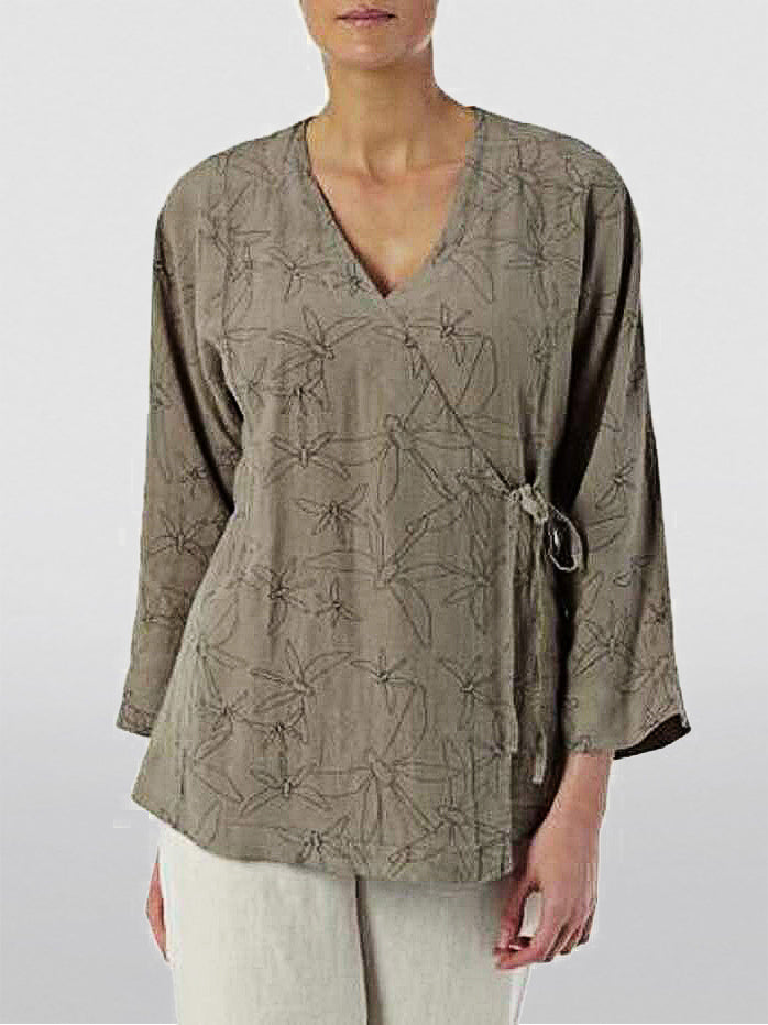 Cotton And Linen Dragonfly Print Rope Lace-Up Top - boddysize
