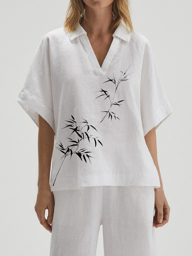 Cotton-Linen Elegant Bamboo Creative Print Casual Fashion V-Neck Short Sleeve Top - boddysize
