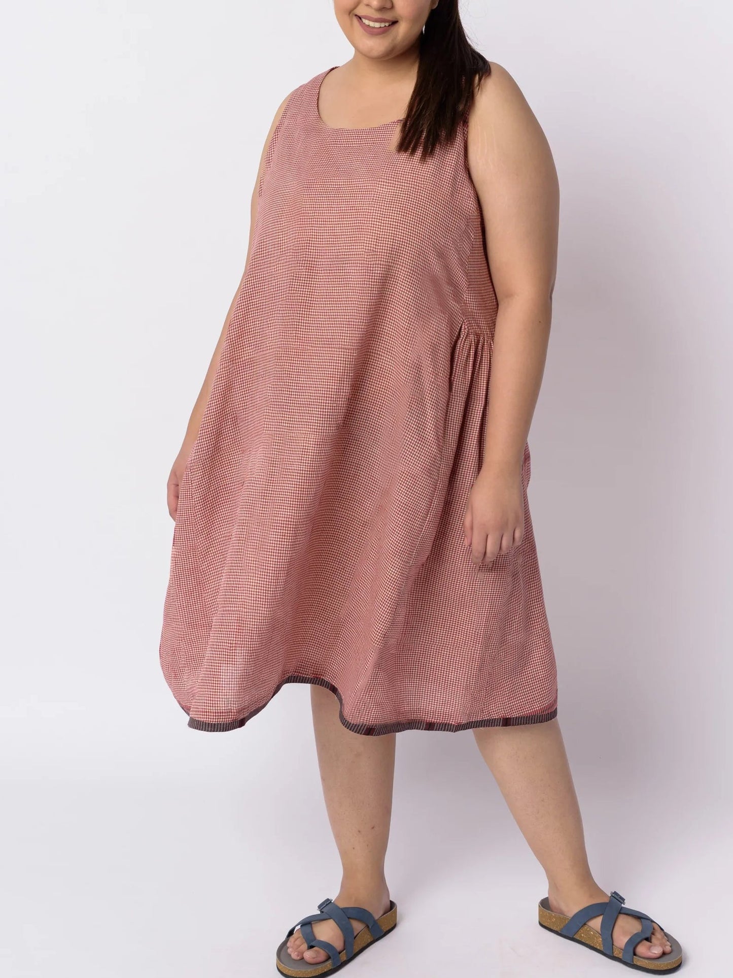 Plus Size Check Cotton And Linen Tank Top Pleated Dress