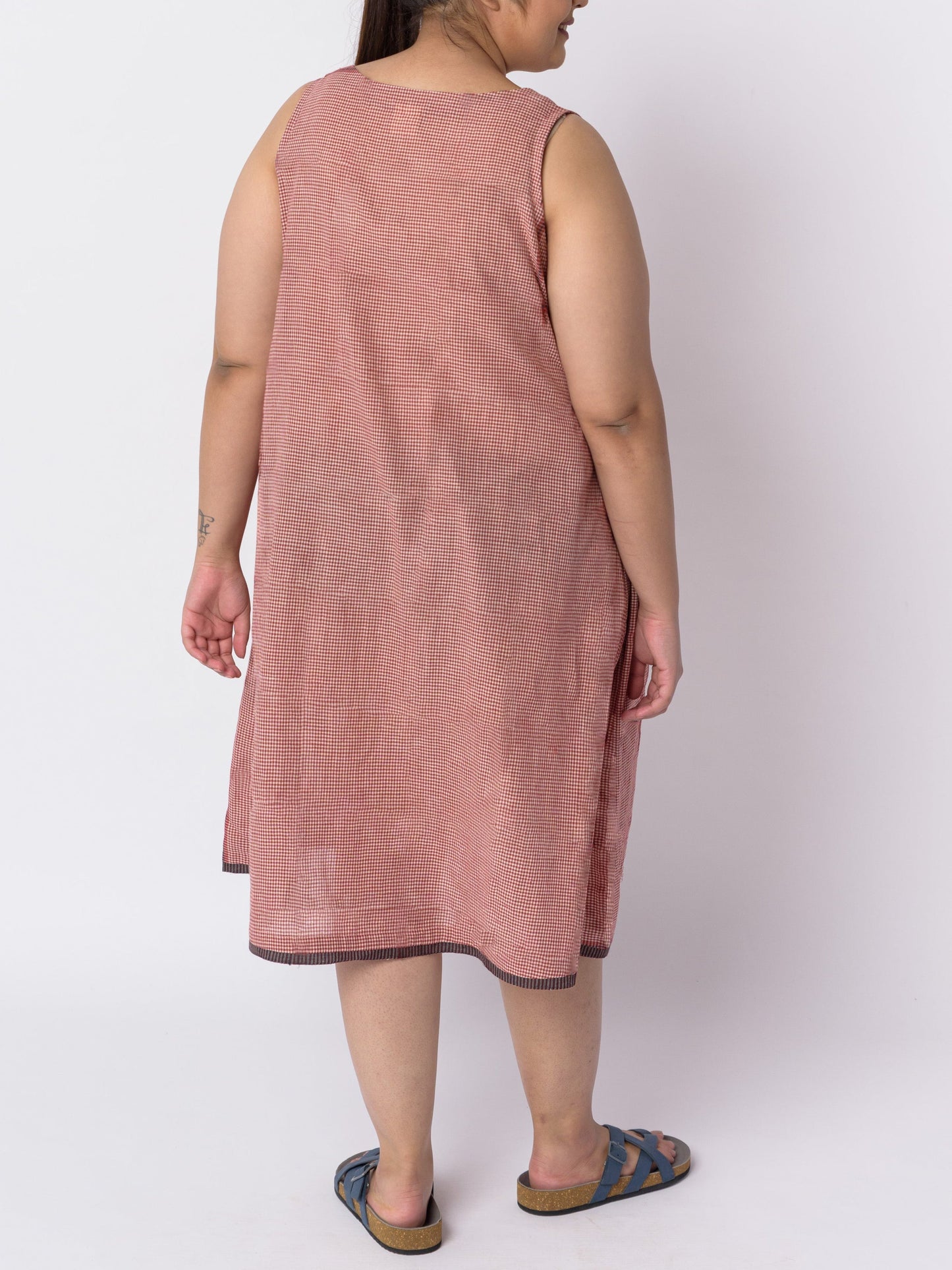 Plus Size Check Cotton And Linen Tank Top Pleated Dress