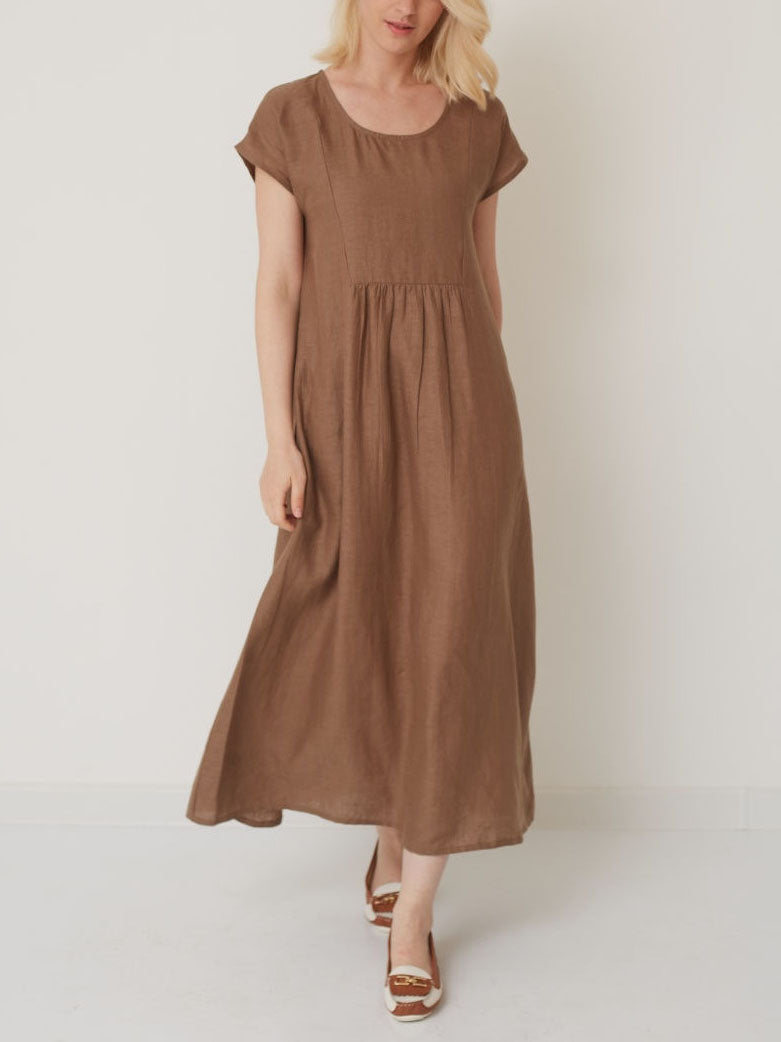 Short Sleeve Mid Length Cotton Linen Dress