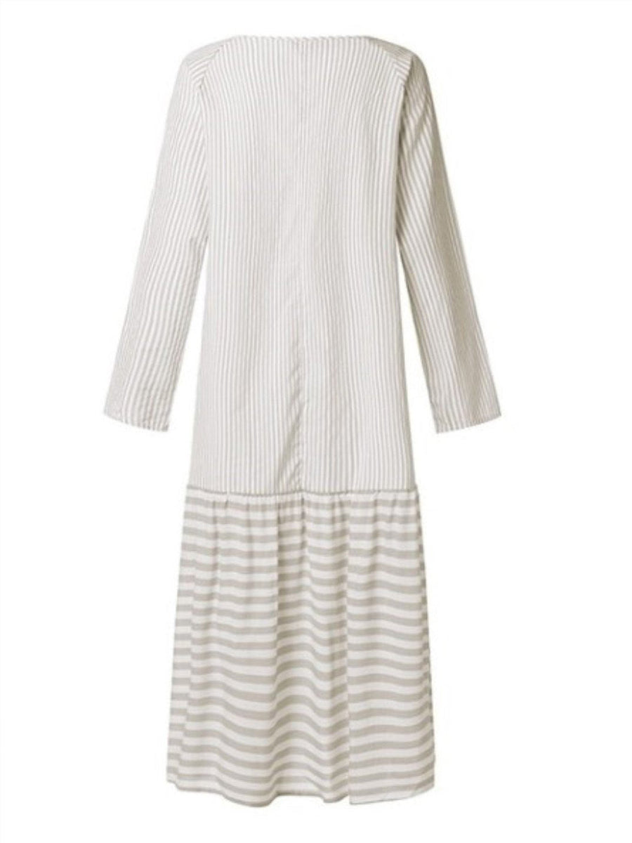 Three-Quarter Sleeve Patch Crew Neck Casual Cotton And Linen Dress