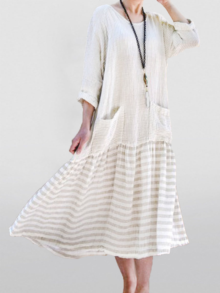 Three-Quarter Sleeve Patch Crew Neck Casual Cotton And Linen Dress