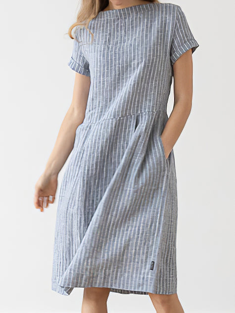 Large Stripe Linen Dress With Pocket