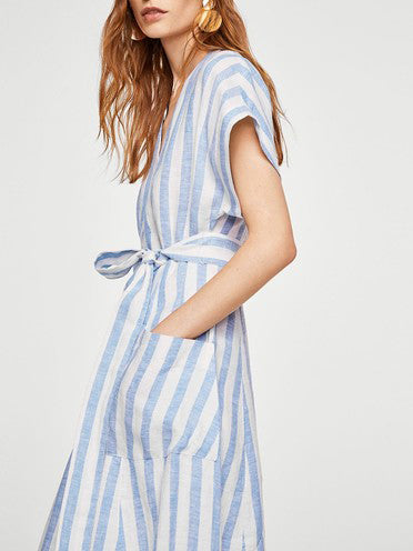 V-Neck Striped Cropped Sleeve Hem Slit Maxi Dress
