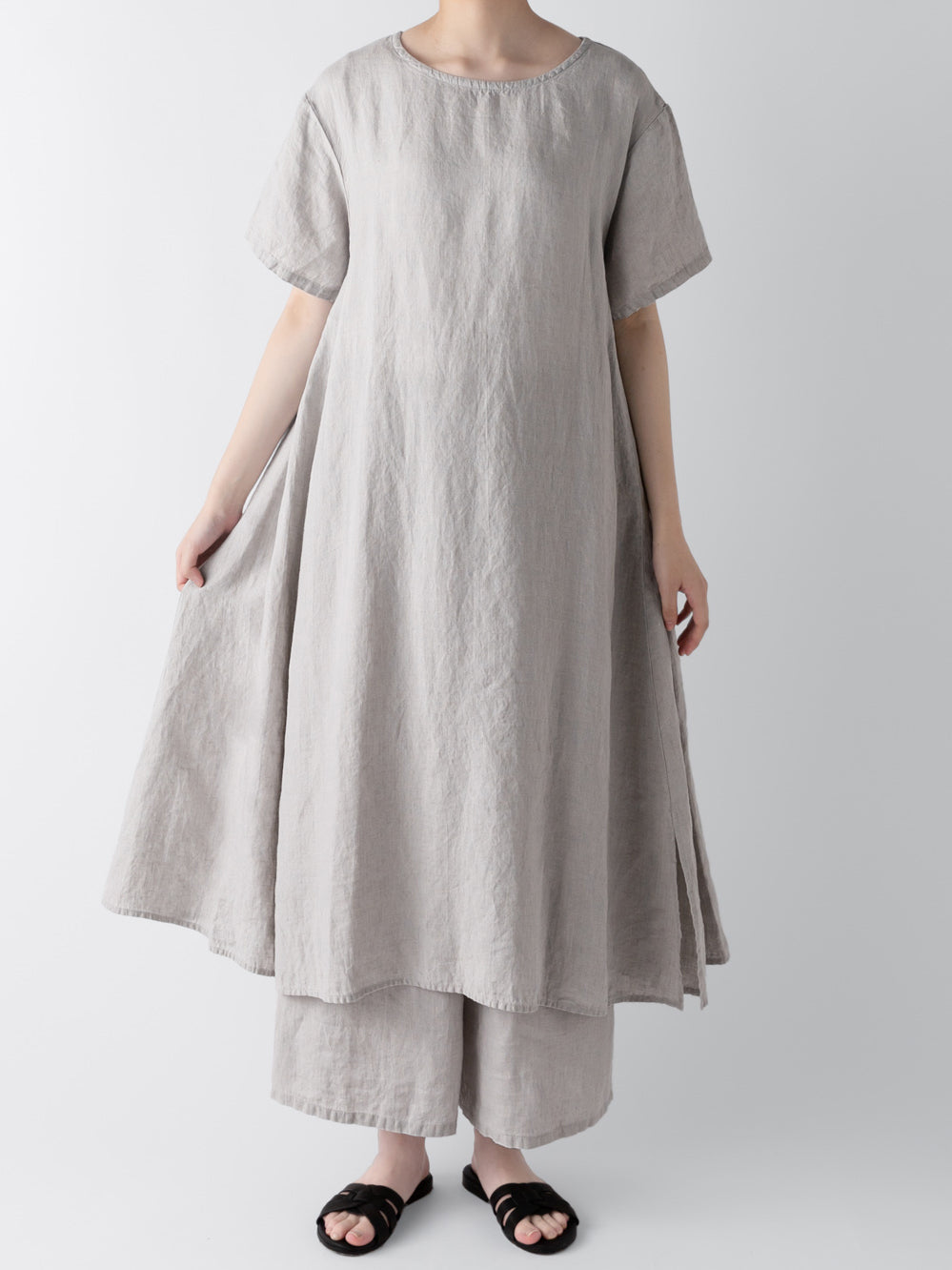 Cotton And Linen Solid Color Crew Neck Loose Dress