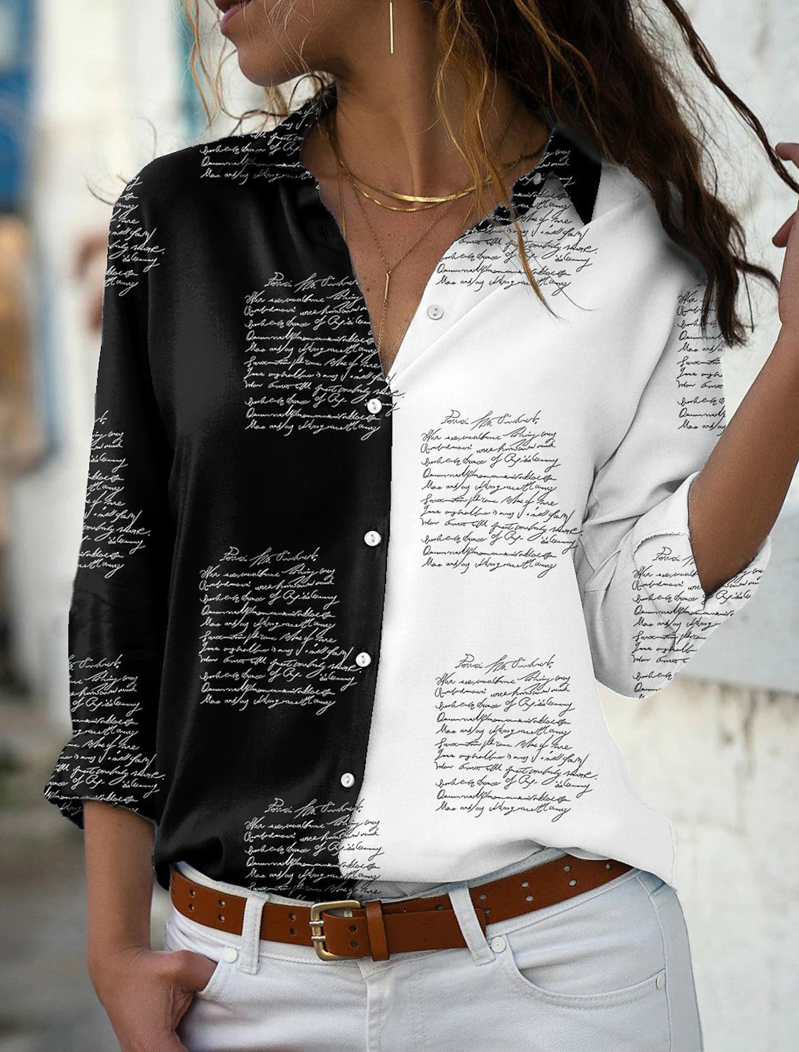 Women's  Color Block Letter   PrintLong Sleeve Button  Shirt