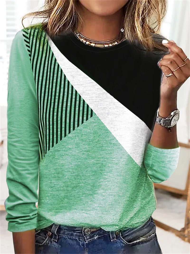 Ladies Fashion Round Neck Colorblock Striped Bottoming Long Sleeve Top