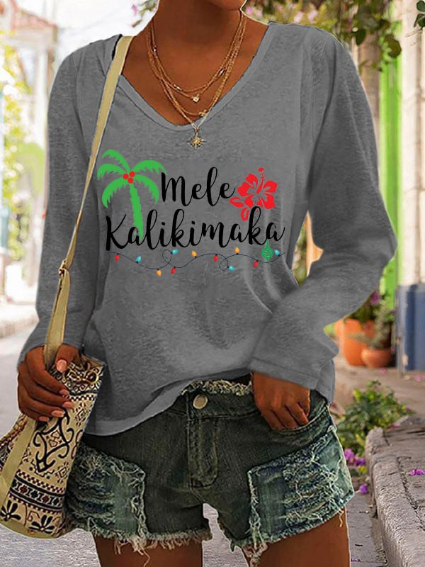 Women's Mele Kalikimaka Print V-Neck Long Sleeve T-Shirt