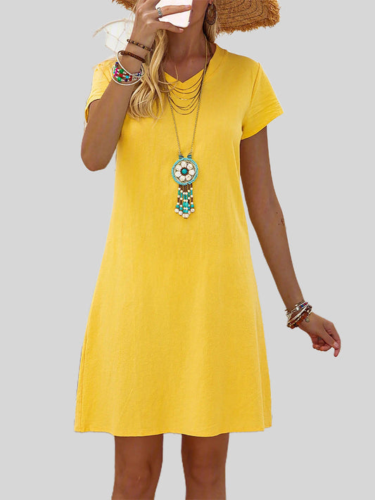 Solid Color Short Sleeve V-Neck Midi Dress