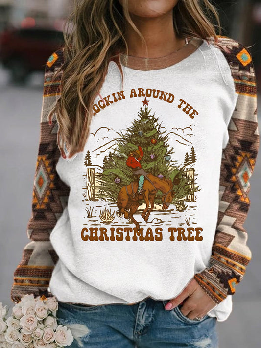Rockin Around The Christmas Tree Bronco Cowboy Rodeo Long Sleeve Swearshirt