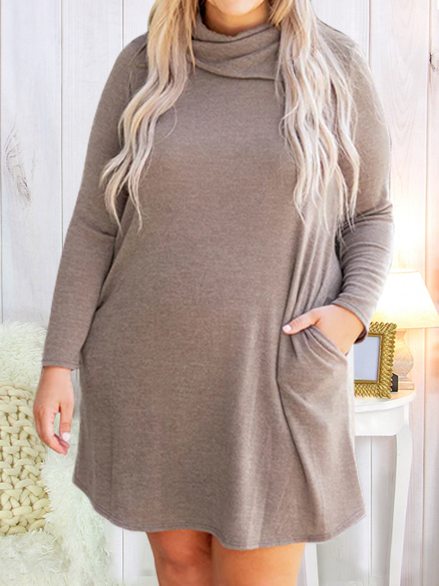 Plus Size Stack Collar Long Sleeve Solid Color Dress