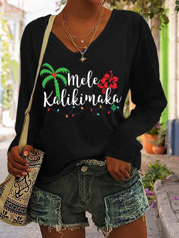 Women's Mele Kalikimaka Print V-Neck Long Sleeve T-Shirt