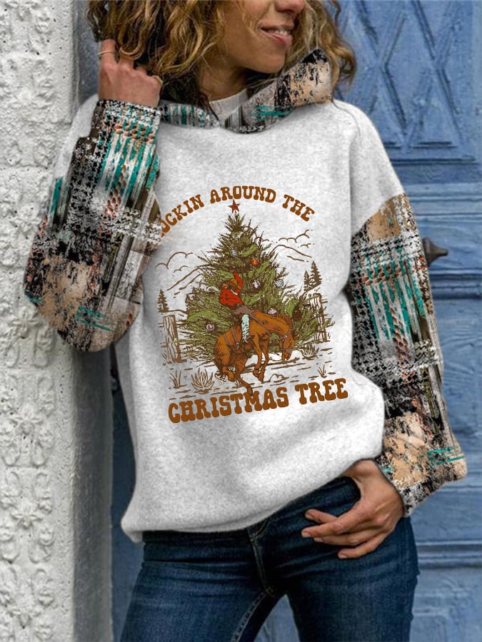 Women's Western and Christmas Combined "ROCKIN AROUND THE CHRISTMAS TREE" Printed Hoodie