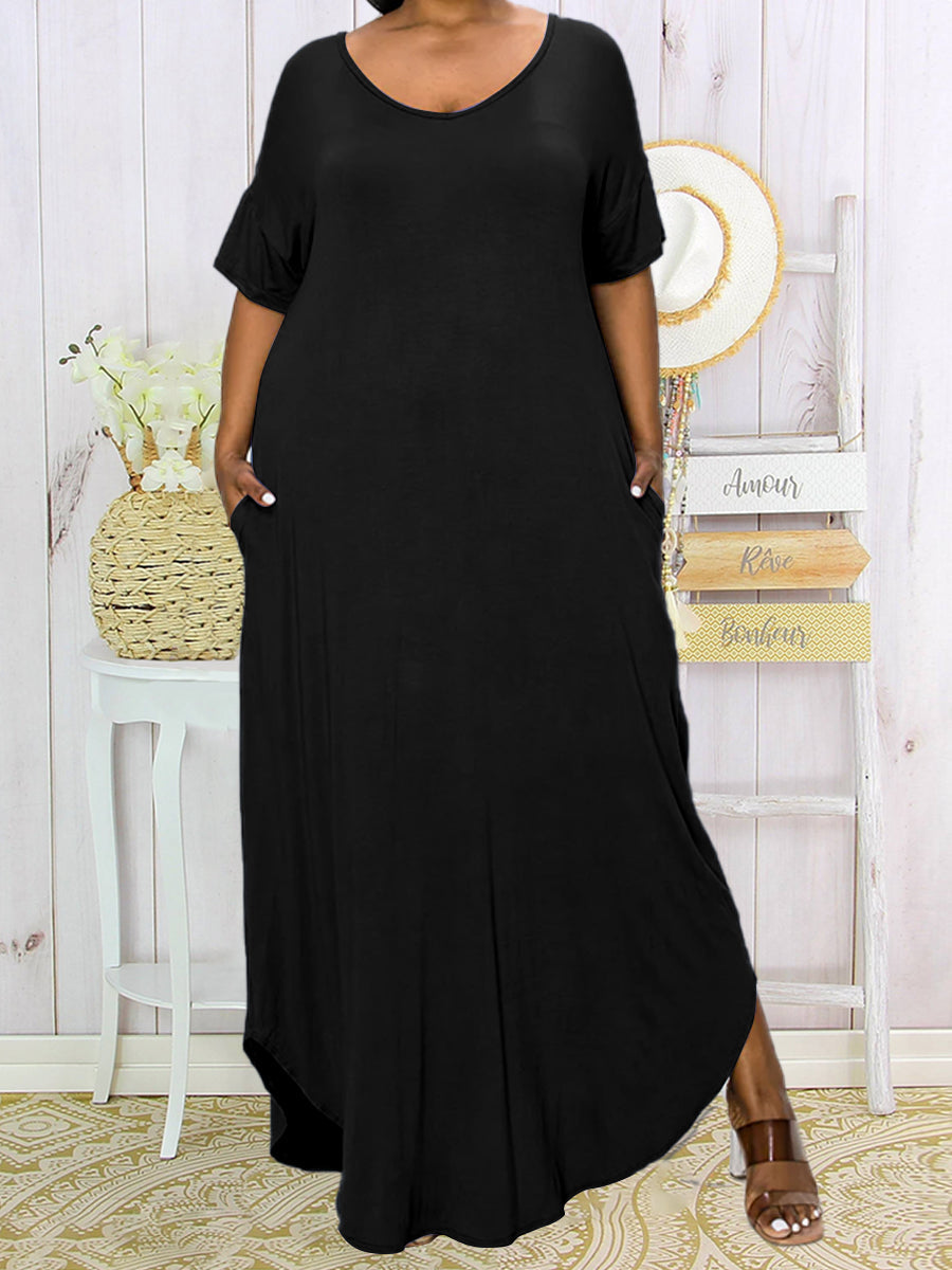 Plus Size Short Sleeve Round Neck Solid Color Maxi Dress